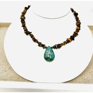 Sterling Silver Turquoise Teardrop Tiger's Eye Chip Bead Necklace 15 Inch